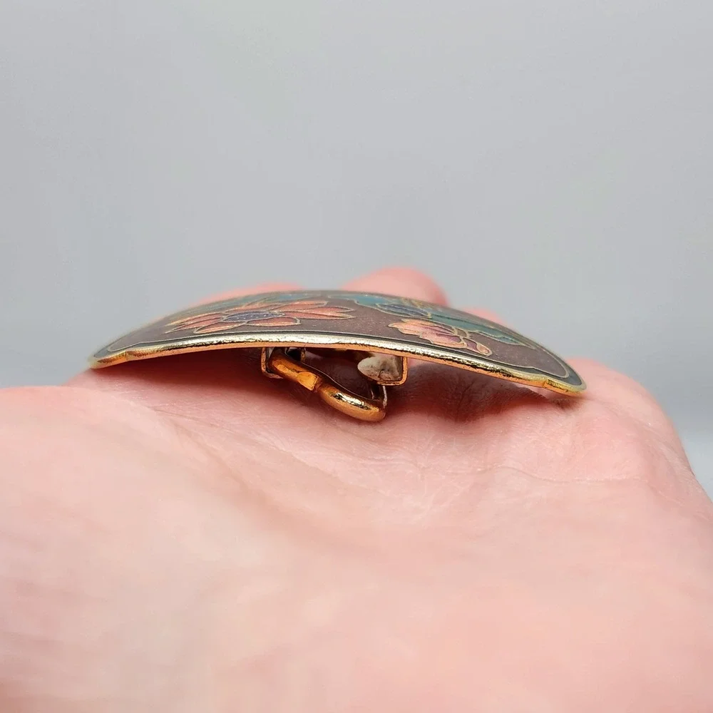 Vintage Cloisonne Lotus Flower Scarf Slide Clip Enamel Gold Tone Floral Oval